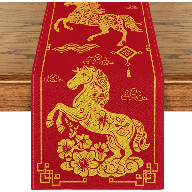 2026 Year Of The Horse Chinese New Year Table Runner – Lunar New Year Spring Festival Dining Table Decoration, 100% Polyester, Washable Kitchen & Party Tablecloth