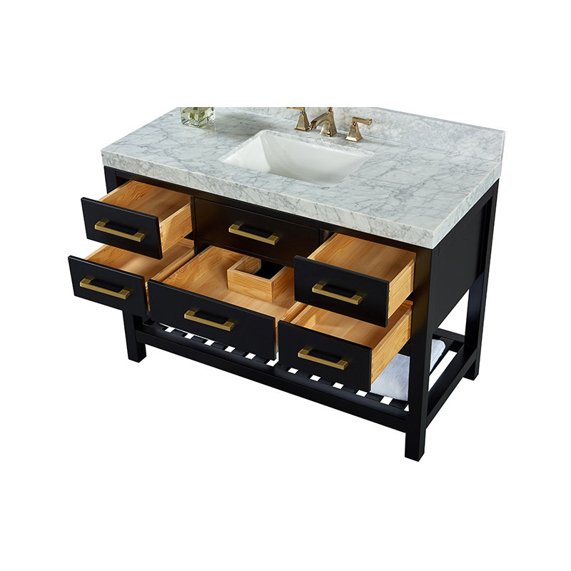 Elizabeth 48'' W Single Vanity, Black Onyx/Brushed Gold, Carrara White Marble