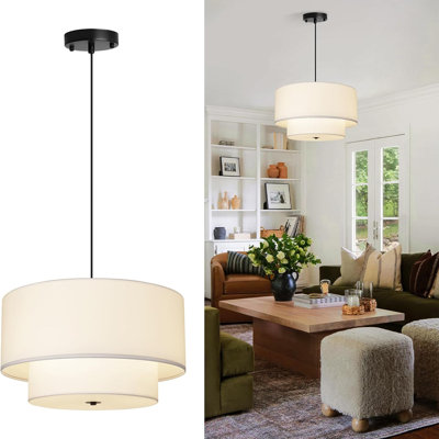 18" Modern Double Drum Fabric Pendant Light, Large Hanging Ceiling Chandelier Fixture With Dual Layer Fabric Shade, Ideal For Dining Room, Living Room, Bedroom, And Kitchen