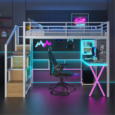 Metal Loft Full Size Bed With Built-In Work Station, Wardrobe, Storage Staircase And LED