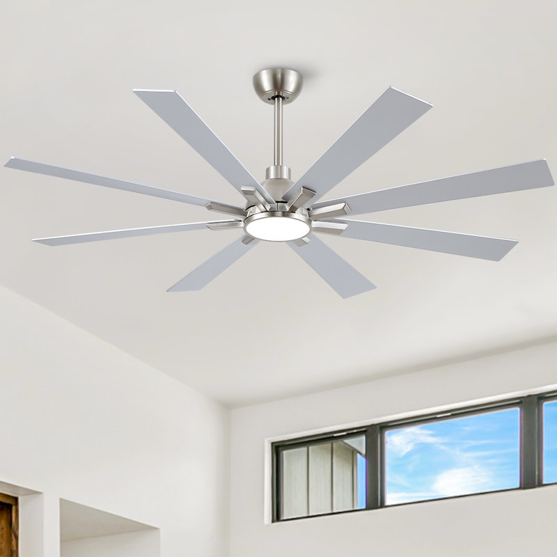 Farmhouse 8 Blade Indoor Windmill Ceiling Fan With LED Lights, Remote Control And Quiet DC Motor, 62" Wide, Silver