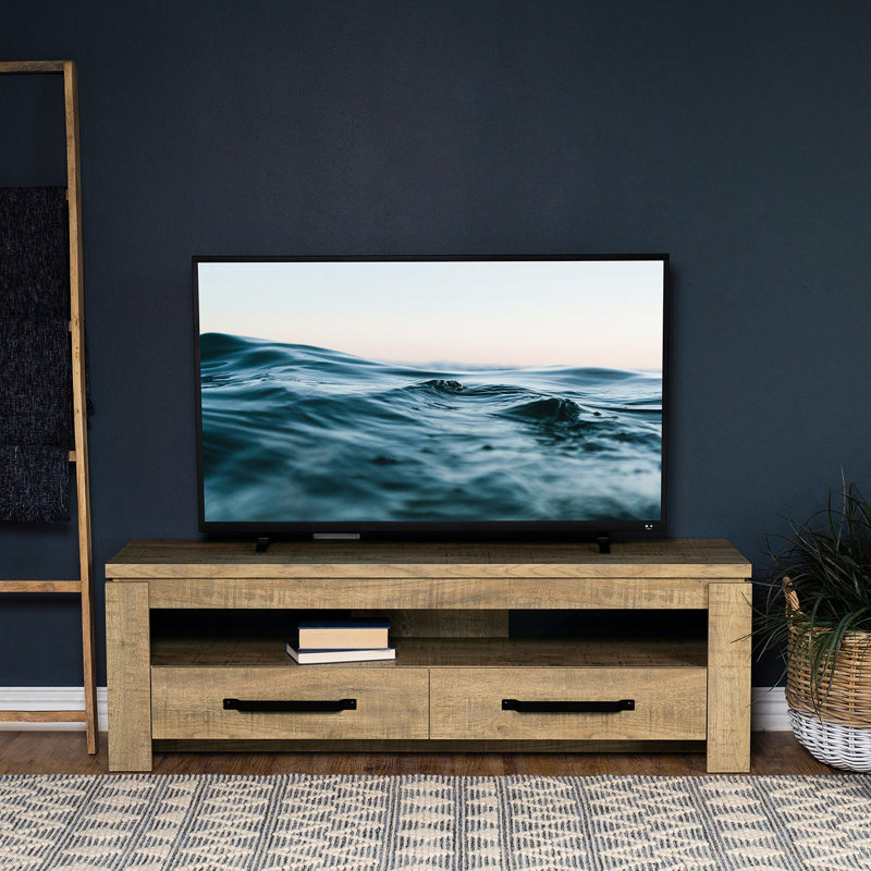 Vintage Distressed Wood TV Stand with Drawers & Open Storage