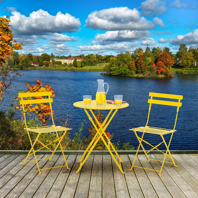 Anshu Iron Table And Folding Chair Set, 2 - Person Round Outdoor Dining Set, Yellow