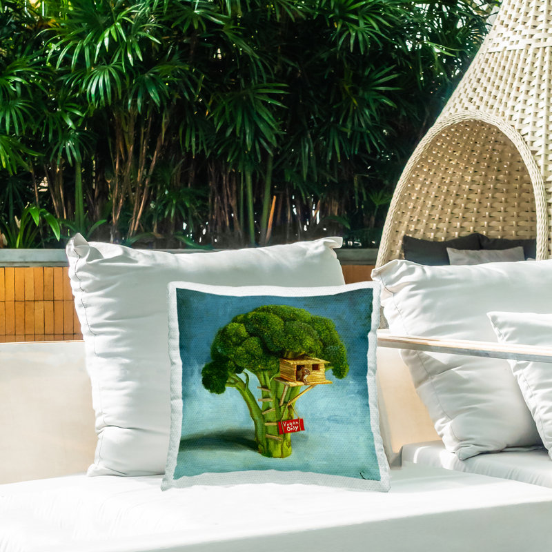Coussin d'extérieur imprimé Vegan Only Broccoli Treehouse, par Lucia Heffernan