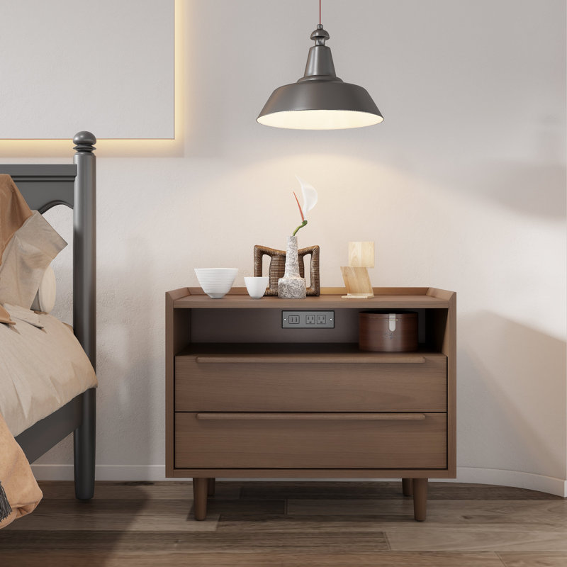 Table de chevet 2 tiroirs Mid-Century avec prises, Brun