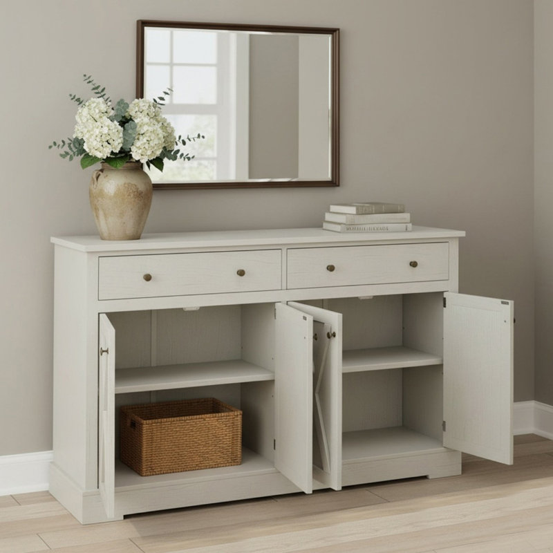 Vintage 55.13" Sideboard with Two Drawers,  Storage Cabinet with Four Doors for Living Room, Bedroom, White