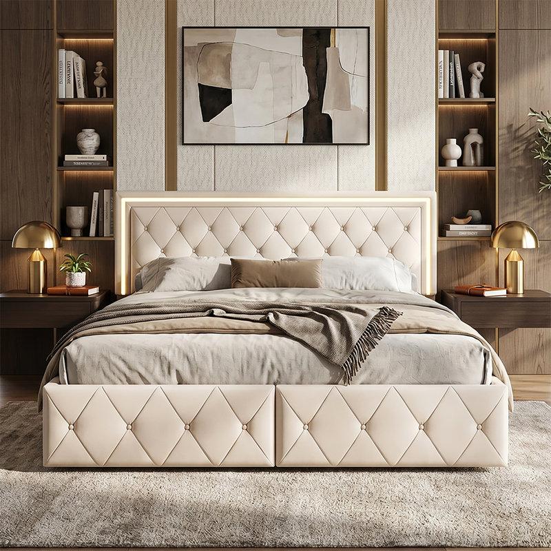 EU Double & King PU Storage Bed With 4 Drawers & LED Headboard, Faux Leather Upholstered Frame,  Beige & Grey, Beige
