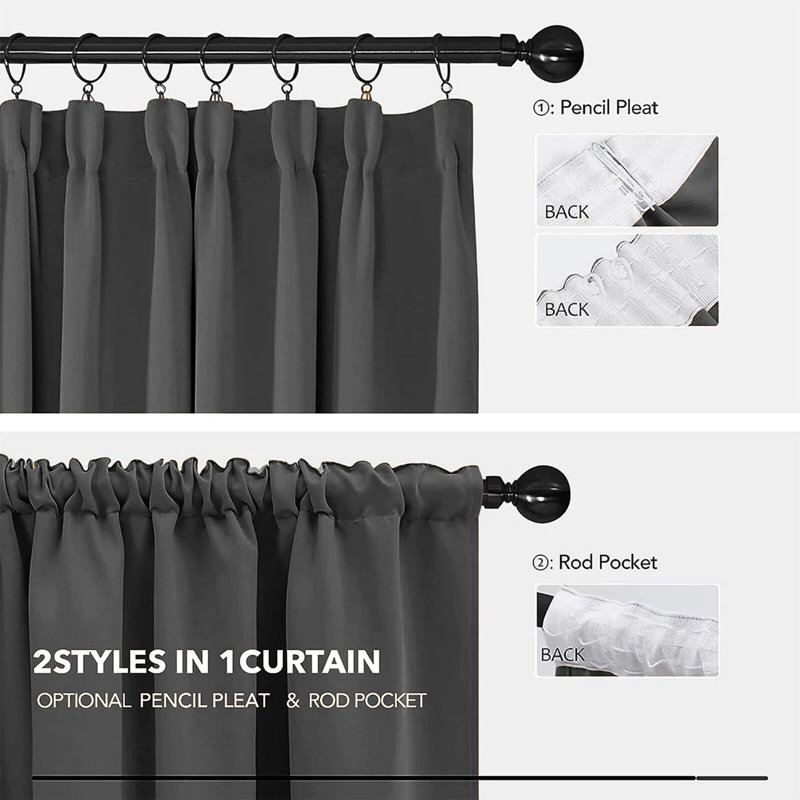 Blackout Pencil Pleat Curtains - Thermal Insulated, Light Blocking Window Drapes, Dark Grey