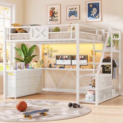 Lit mezzanine double avec bureau et escalier de rangement, lit mezzanine en métal avec 6 tiroirs de rangement, portemanteau, lumières à DEL et prise de courant pour enfants, adolescents, adultes, blanc