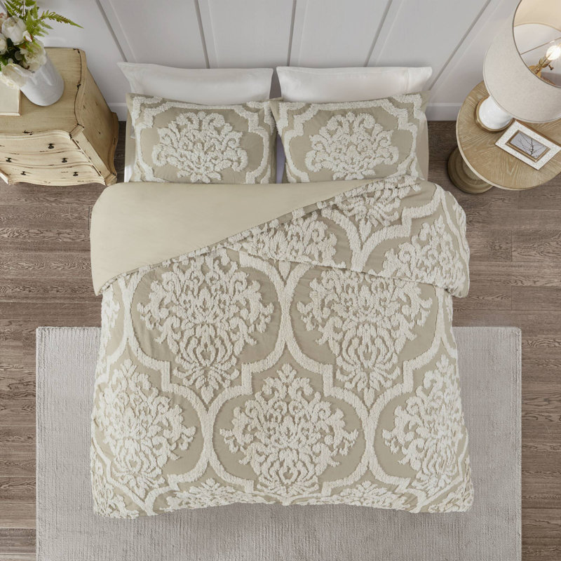 Viola Tufted Cotton Chenille Damask 3 Piece Comforter Set, King/Cal. King Comforter + 2 King Shams, Taupe