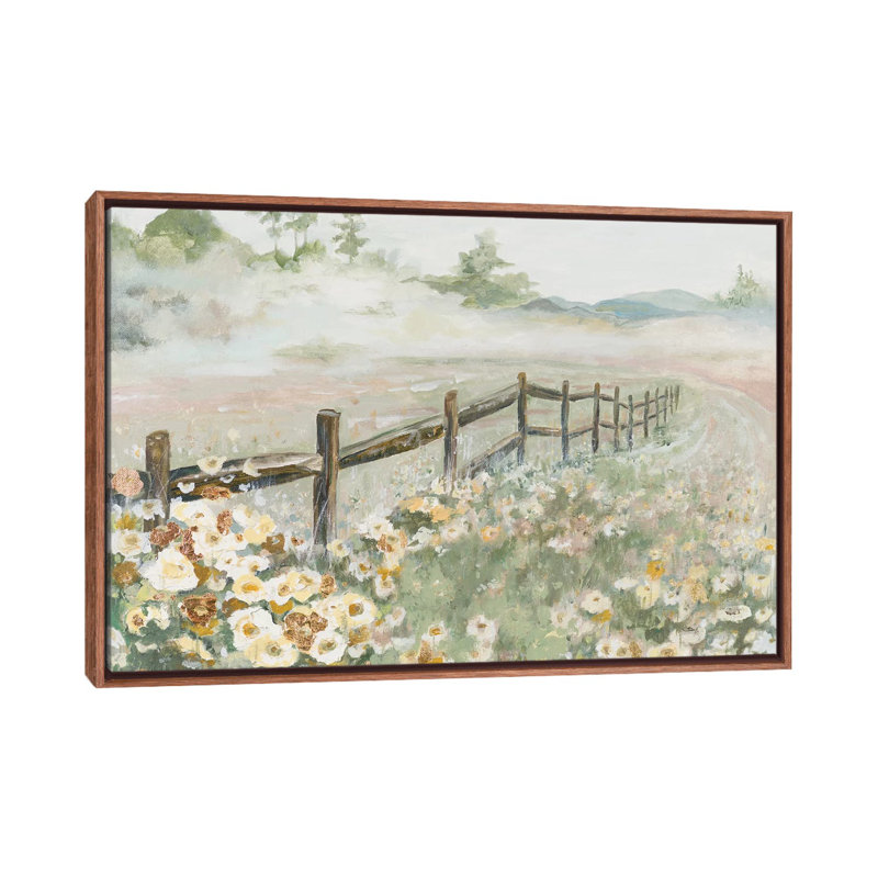 « Clôture avec fleurs » par Patricia Pinto, reproduction d’art, Pas de tapis, Toile avec cadre en bois brun classique