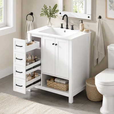 Meuble-lavabo 30 po avec comptoir, meuble-lavabo avec deux portes et deux tiroirs, bois massif, tablette ouverte, panneaux de fibres à densité moyenne, un paquet