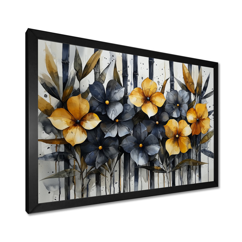 Géométrique, fleurs de bambou, horizon, art mural en bambou, H 16 po x l 32 po, Cadre simple, Noir