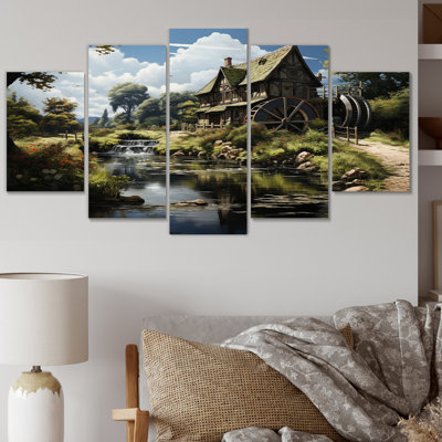Green Brown Mills Summer Mill Serenity - Mills Canvas Art Print - 5 Panels