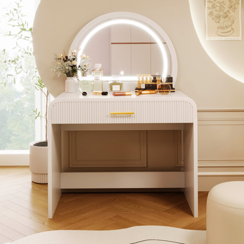 39" Makeup Vanity Table with Mirror Touch Screen Lighted Mirror, Dressing Table with Drawer for Bedroom, White
