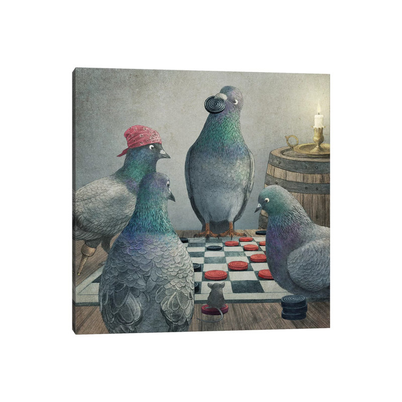 Checker Playing Pigeons by Terry Fan - Print on Canvas, 30.48 cm H x 30.48 cm W, Wrapped Canvas