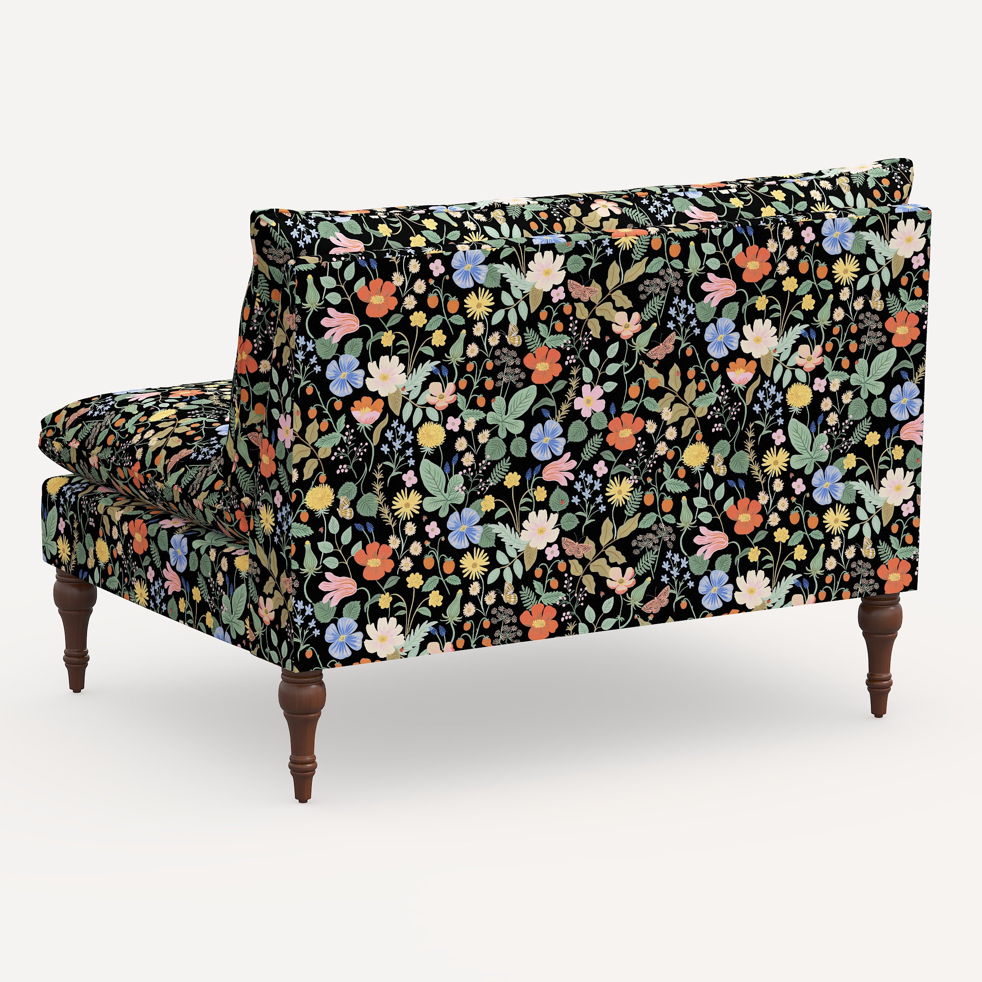 Rifle Paper Co. x Cloth & Company Louie Settee, Black Strawberry Fields Linen Blend, Espresso Wood