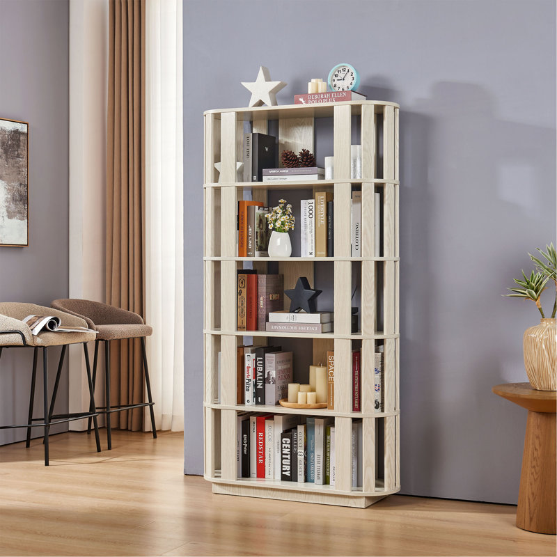 Bibliothèque ovale en bois ouverte, bibliothèque autoportante à cadre en panneau de fibres à densité moyenne, support de rangement à 5 niveaux facile à assembler pour le salon, décoration de bureau à domicile