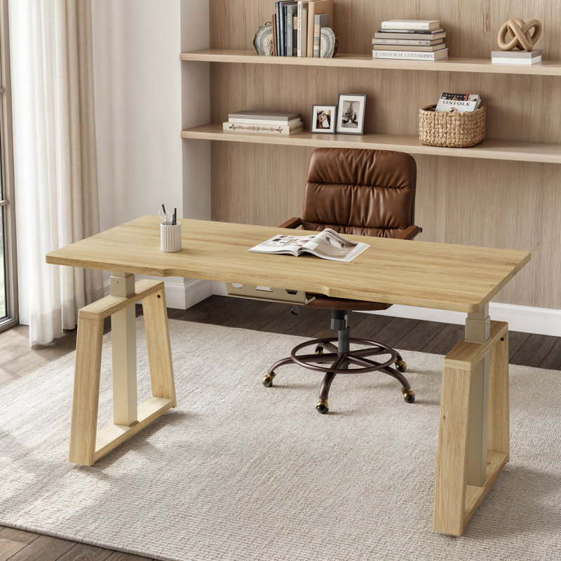 Modern 63" Adjustable Dual-Motor Standing Executive Desk, Oak/Oak