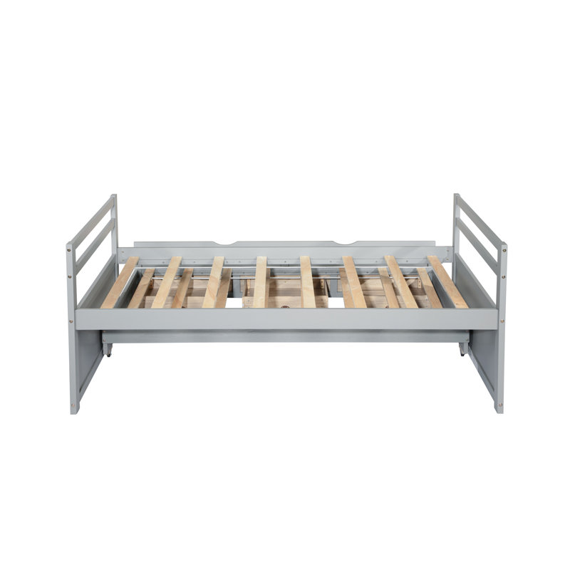 Tête de lit et lit simple gris, avec rangement pour lit gigogne coulissant, Gris
