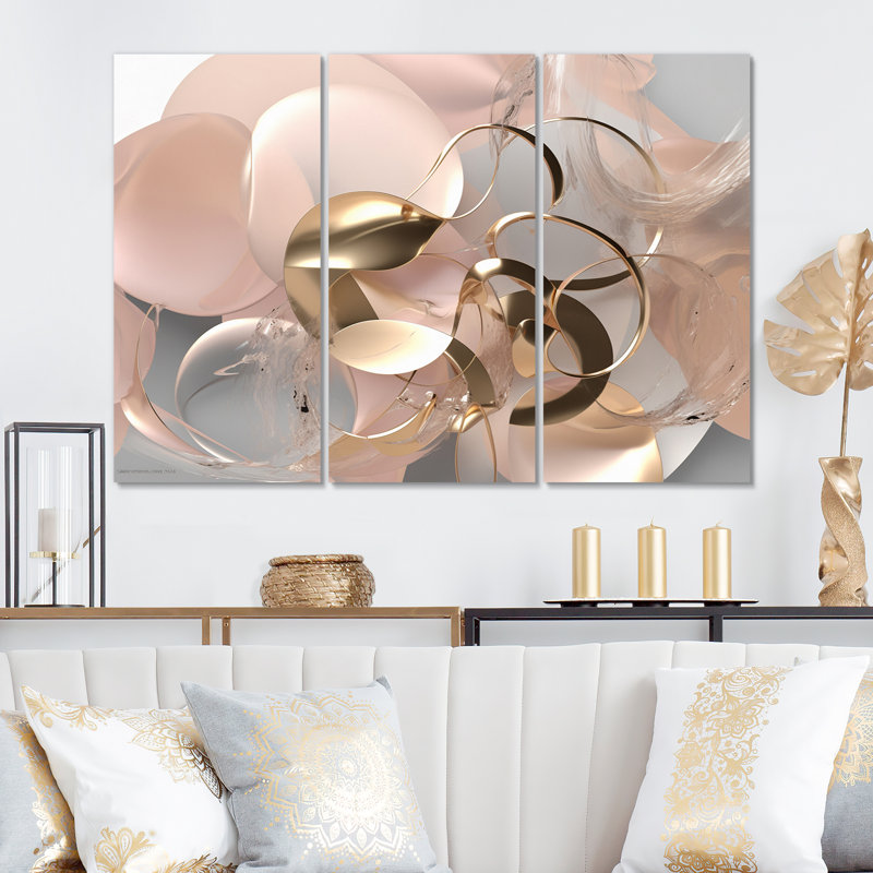 Art liquide, effervescence dorée et rose sur toile, 3 pièces, H 28 po x l 36 po x P 1 po
