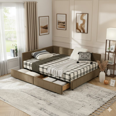 Base de lit double rembourrée et matelassée pleine grandeur avec rangement, structure de lit de style canapé avec un dossier rembourré et des accoudoirs latéraux, lit double adapté aux lits ou aux espaces communs, tissu en velours, couleur brun (mesure L 80,5 po x L 59 po W