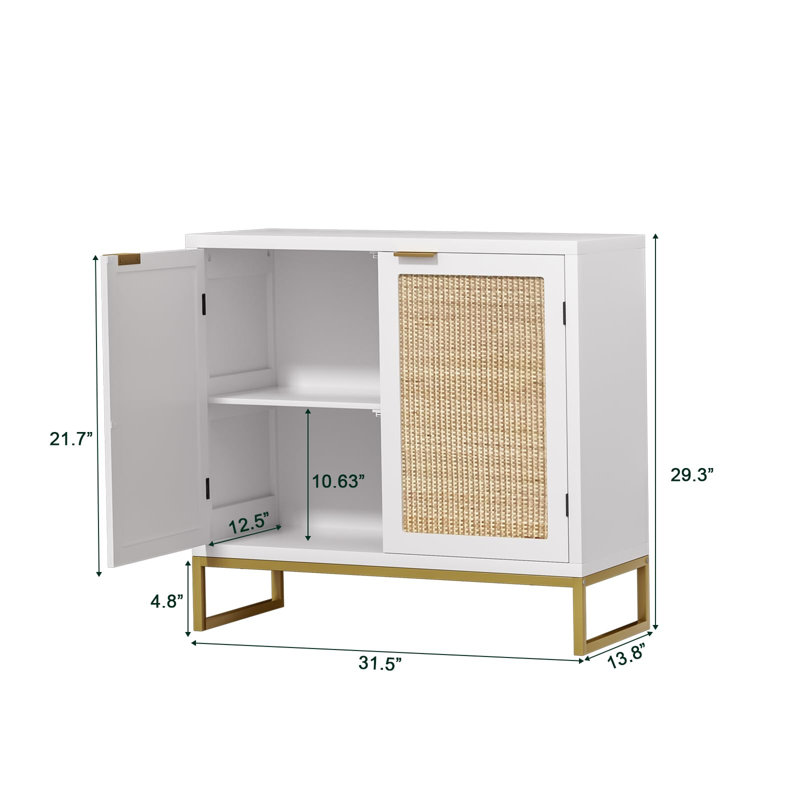 Rattan Cabinet, Sideboard Buffet Storage Cabinet With 2 Doors Kitchen Sideboard Furniture With Natural Rattan, White