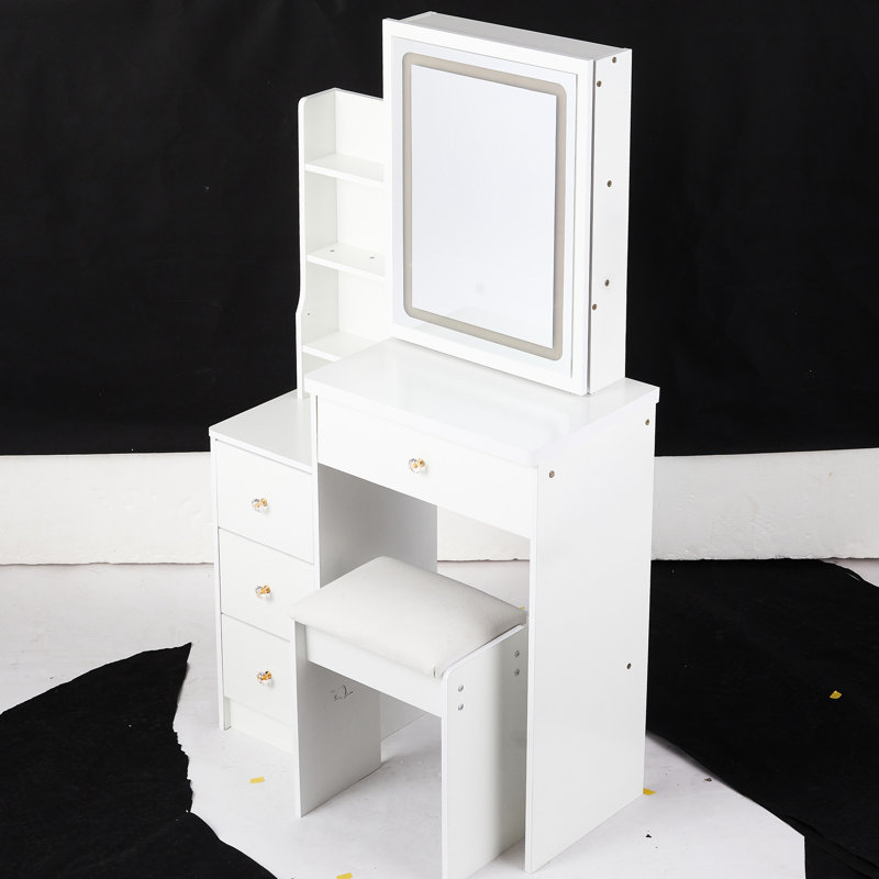 Table de coiffeuse Amabella de gauche avec miroir blanc à 3 couleurs et luminosité réglable, tabouret rembourré, pour les espaces compacts, petite taille et tabouret - blanc