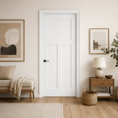28" x 80" White Primed 3-Panel Solid Core Manufactured Wood Trimmable Interior Door Slab for Bedroom, Closet, Pantry and Office, Without Frame and Hardware Kit