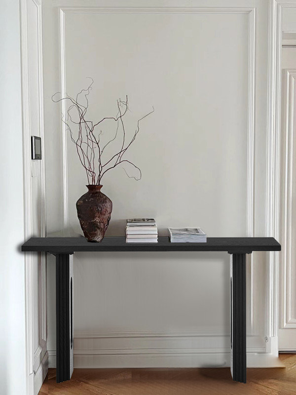 Console de 59 po en bois avec pieds ronds creux, table d'entrée moderne, table de canapé, Noir / bois naturel