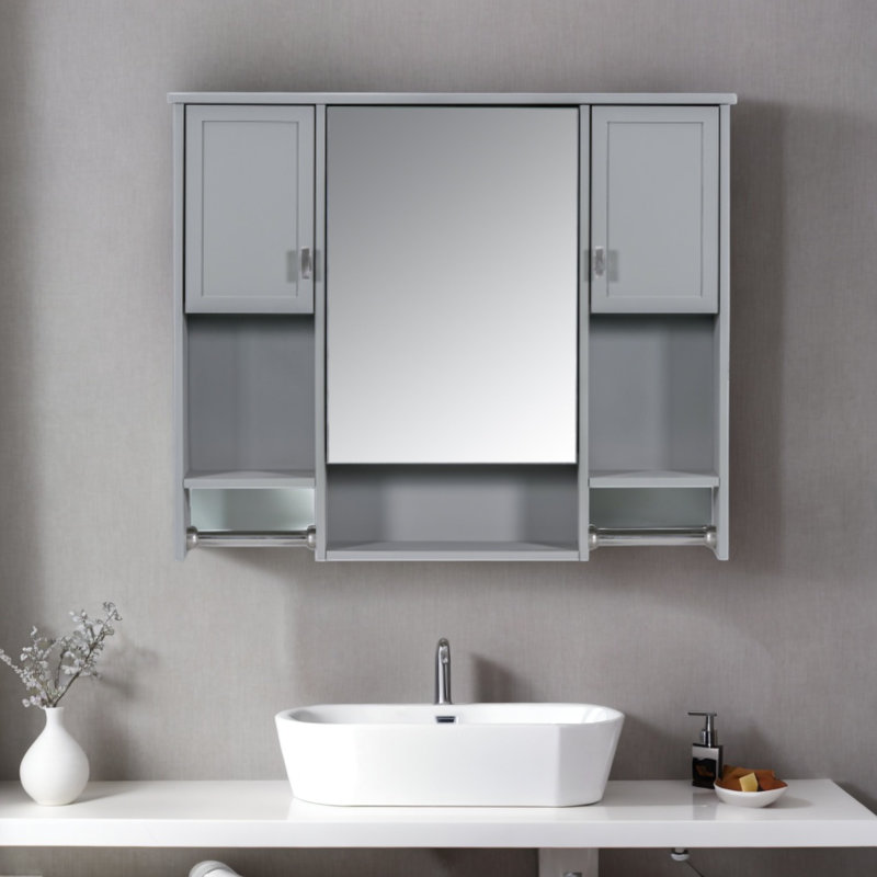 Armoire de salle de bain murale moderne avec miroir et rangement dissimulé, Gris
