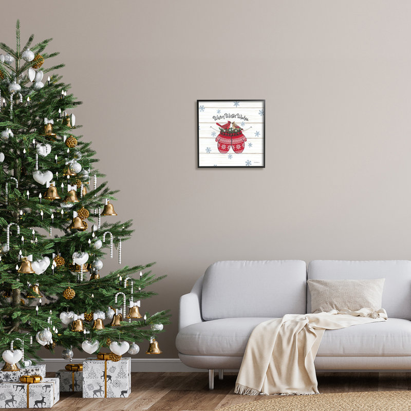 Warm Winter Wishes Cardinals, perchoir festif, mitaines noires, estampe numérique encadrée par Deb Strain