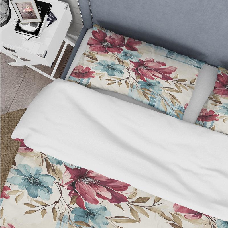 Motif de fleurs bohémiennes à carreaux roses et bleus - Ensemble de housse de couette à carreaux - Microfibre de polyester