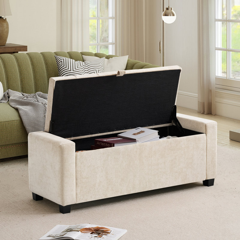 43" Storage Ottoman Bench, Linen Upholstered Tufted Bench For Living Room Bedroom Entryway, Beige