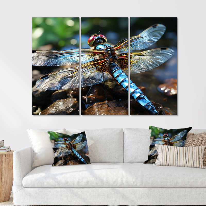 «Blue Fluttering Dragonfly I», art mural libellule, Toile tendue, H 40 po x l 61 po