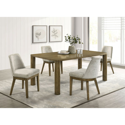 Brown Oak 5 - Piece Rectangular Dining With Rubberwood Table And Four Upholstered Chairs For A Elegant Setting Tan Cozy Experience