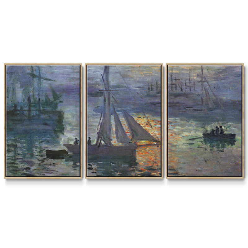 «Sunrise At Sea» par Monet, reproduction sur toile 3 pièces, Naturel, H 40 po x l 78 po x P 2 po