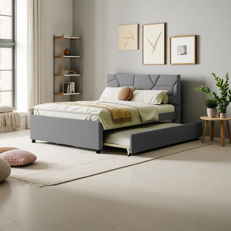 Full Size Upholstered Platform Bed With Brick Pattern Headboard, Gray