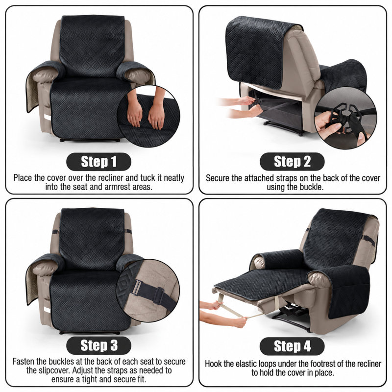 Housse pour fauteuil inclinable avec coussins en T en velours Wildee, Grand l 30 po, Velours noir
