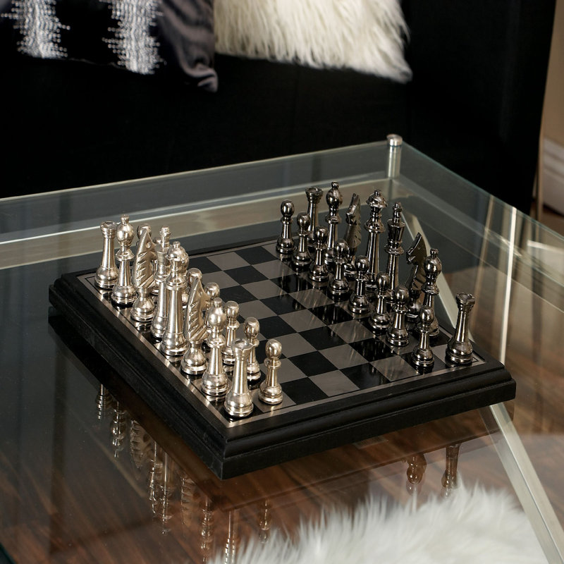 Deardra Aluminum Metal Chess Decor Silver Game Set with Black and Silver Pieces, Gray/Silver, 11.9" L x 11.9" W x 1.15" H