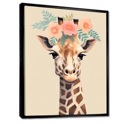 Girafe rétro avec couronne de fleurs roses - Art mural animal girafe