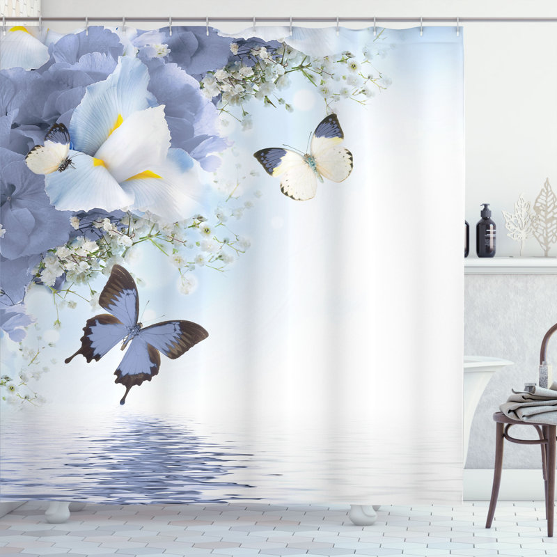 Floral  Shower Curtain Set + Hooks, 84"H x 69"W, Blue Gray