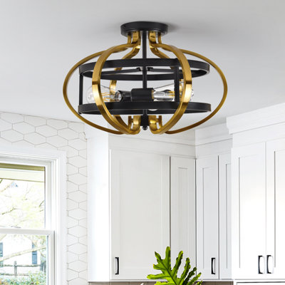 3-Light Black and Gold Semi-Flush Mount Ceiling Light, Industrial Spherical Cage Chandelier