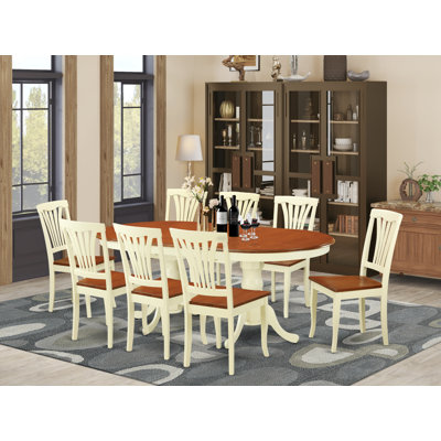 9 Piece Dining Set Includes an Oval Dining Room Table with Butterfly Leaf and 8 Wood Seat Chairs, Buttermilk & Cherry