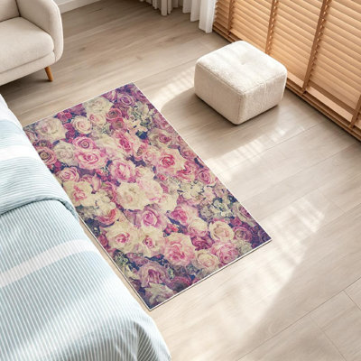 Red Sweet Roses Vintage Tone Rose Garden Bouquet Floral Backdrop Beautiful Machine Washable Indoor Area Rug