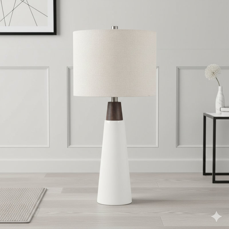Triangular Ceramic And Wood Table Lamp, Black/White