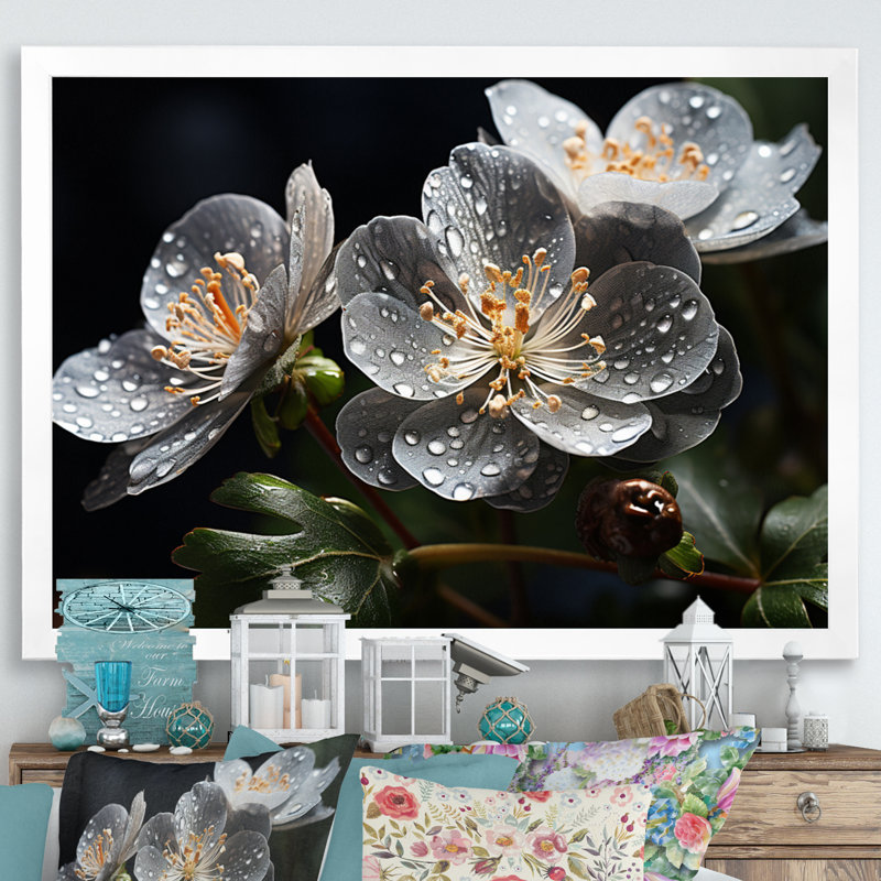 Gris géraniums champ I - impression, 12" H x 20" W, White Picture Framed