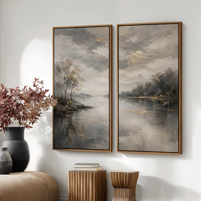 «Misty Lakeside Reflections with Golden Accents for Living Room», ensemble de 2 reproductions d'art encadrées sur toile 60 po x 20 po x 2, 60 po x 30 po x 2