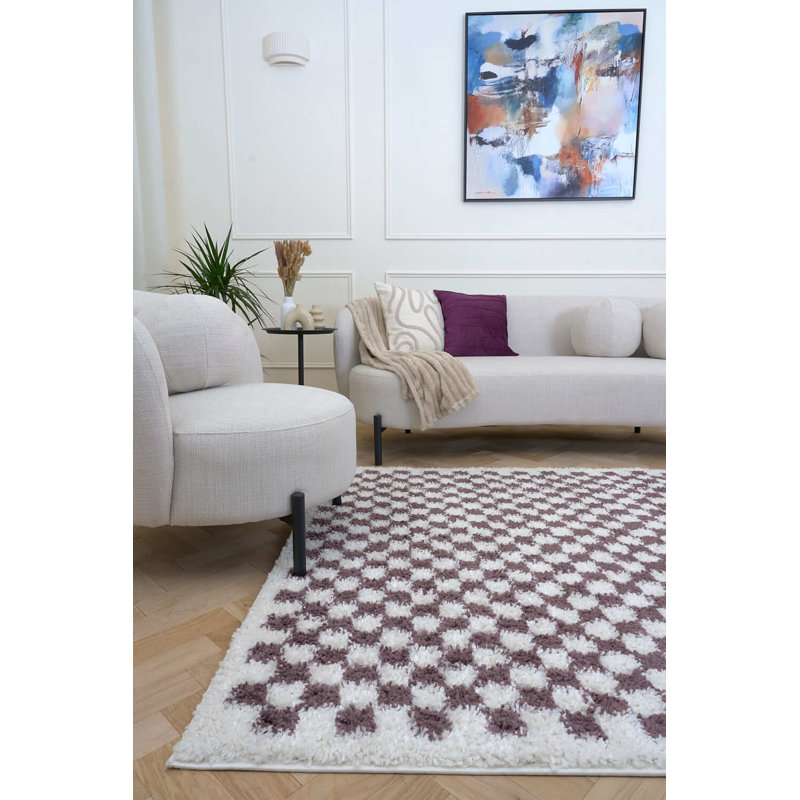 Moodi Modern Shaggy Area Rug Checkered Design, Rectangle 120 x 170 cm, Off-White/Purple
