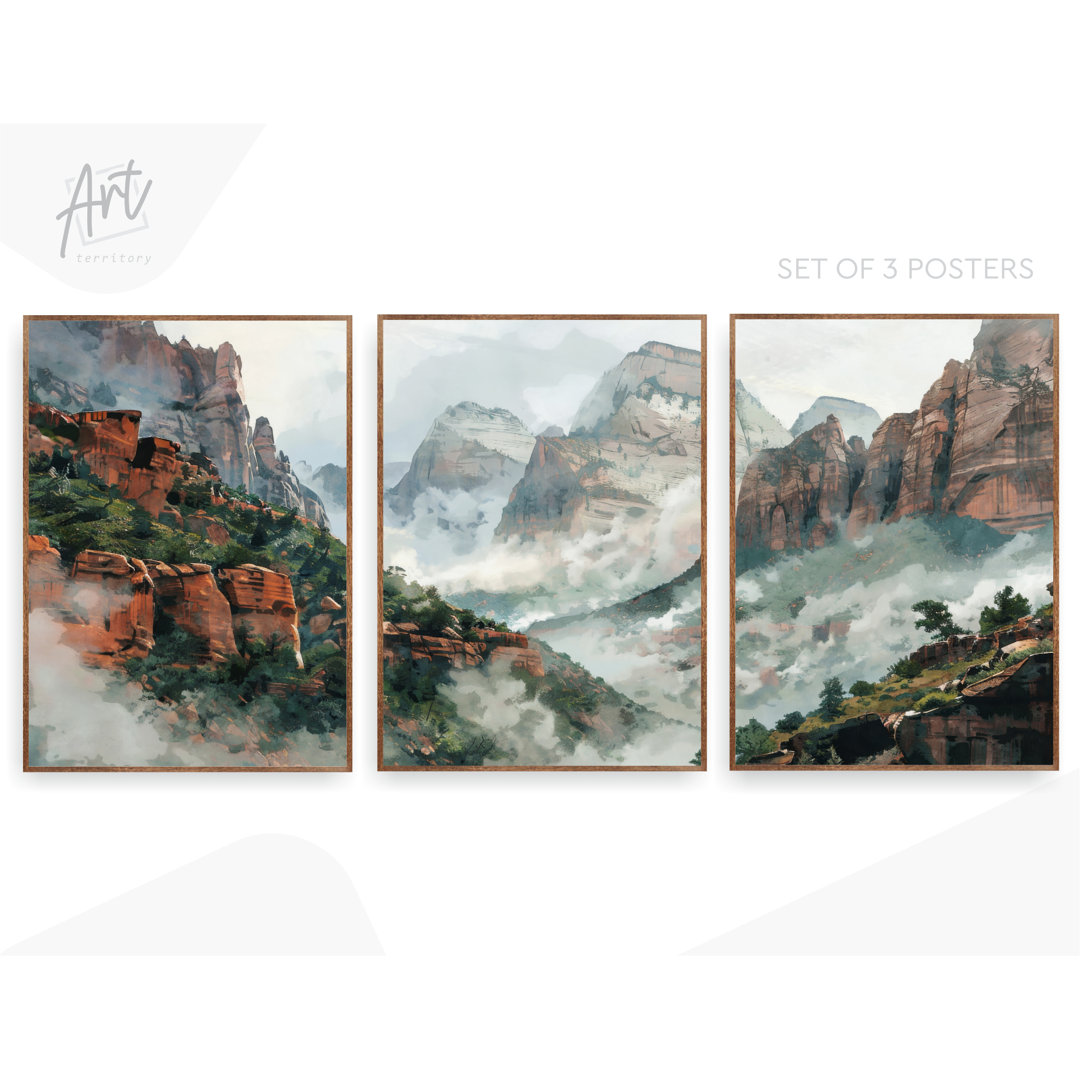 Zion National Park Set of 3 Prints, Mountain, Watercolor Photography Poster Prints, Canvas Wall Art ART TERRITORY Overall 